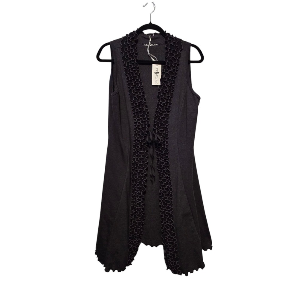 Laura Hlavac NWT Womens Ruffle Edge Sweater Vest LG Gray Lagenlook Artsy Boho